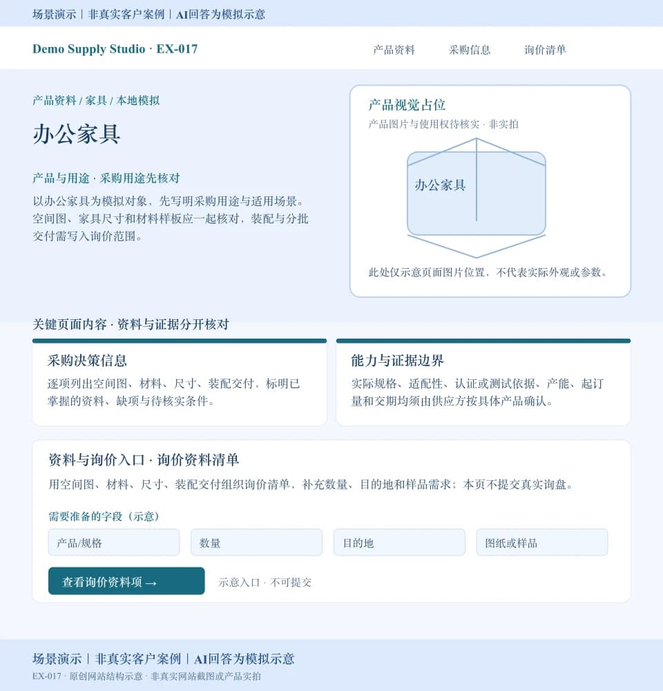 办公家具模拟网站页面：产品视觉占位，展示空间图、材料等采购资料和数量、目的地、图纸或样品询价字段；入口不可提交。场景演示｜非真实客户案例｜AI回答为模拟示意