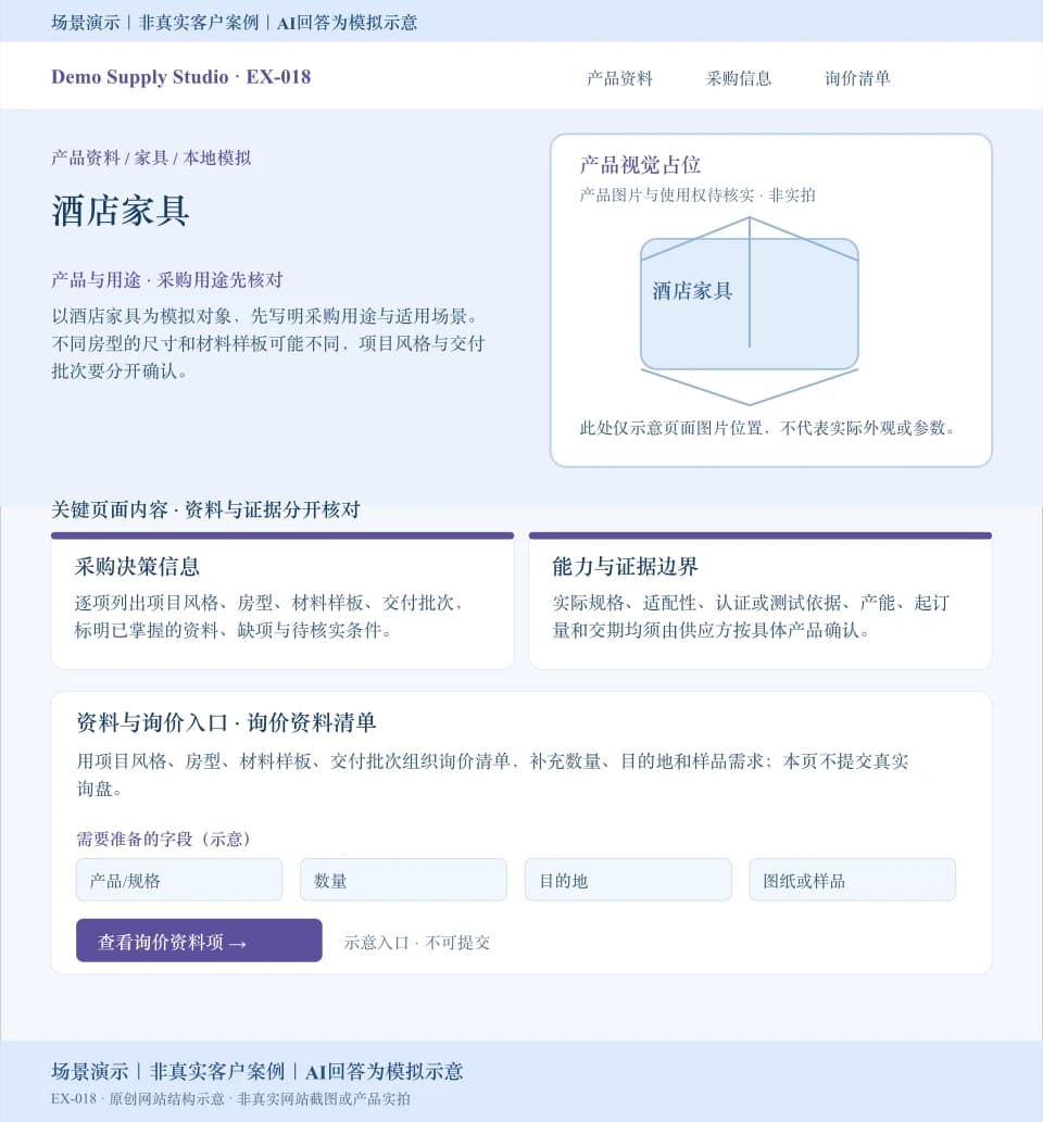 酒店家具模拟网站页面：产品视觉占位，展示项目风格、房型等采购资料和数量、目的地、图纸或样品询价字段；入口不可提交。场景演示｜非真实客户案例｜AI回答为模拟示意