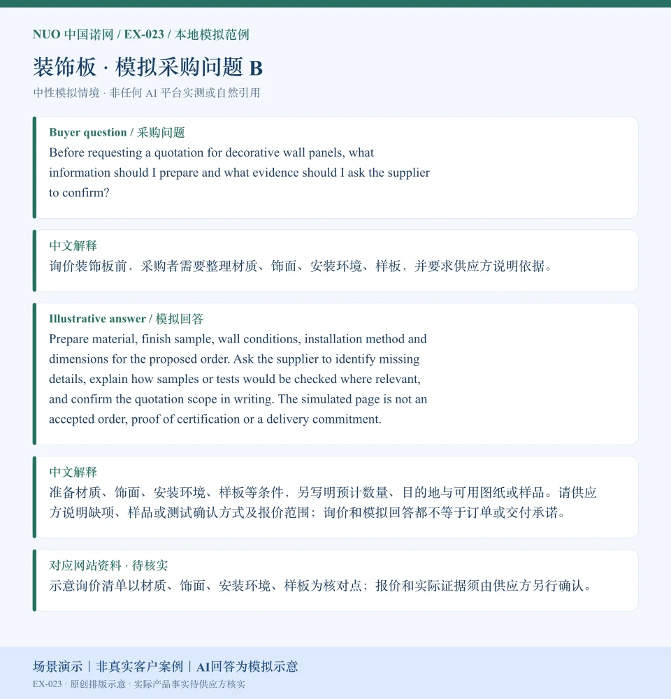 装饰板报价资料模拟回答图:围绕安装环境、样板等询价核对点,展示英文问答与中文解释。场景演示|非真实客户案例|AI回答为模拟示意