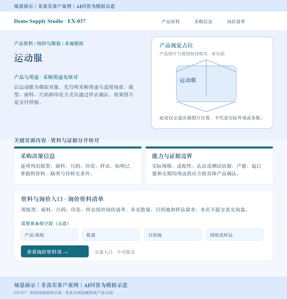 运动服模拟网站页面:产品视觉占位,展示版型、面料等采购资料和数量、目的地、图纸或样品询价字段;入口不可提交。场景演示|非真实客户案例|AI回答为模拟示意