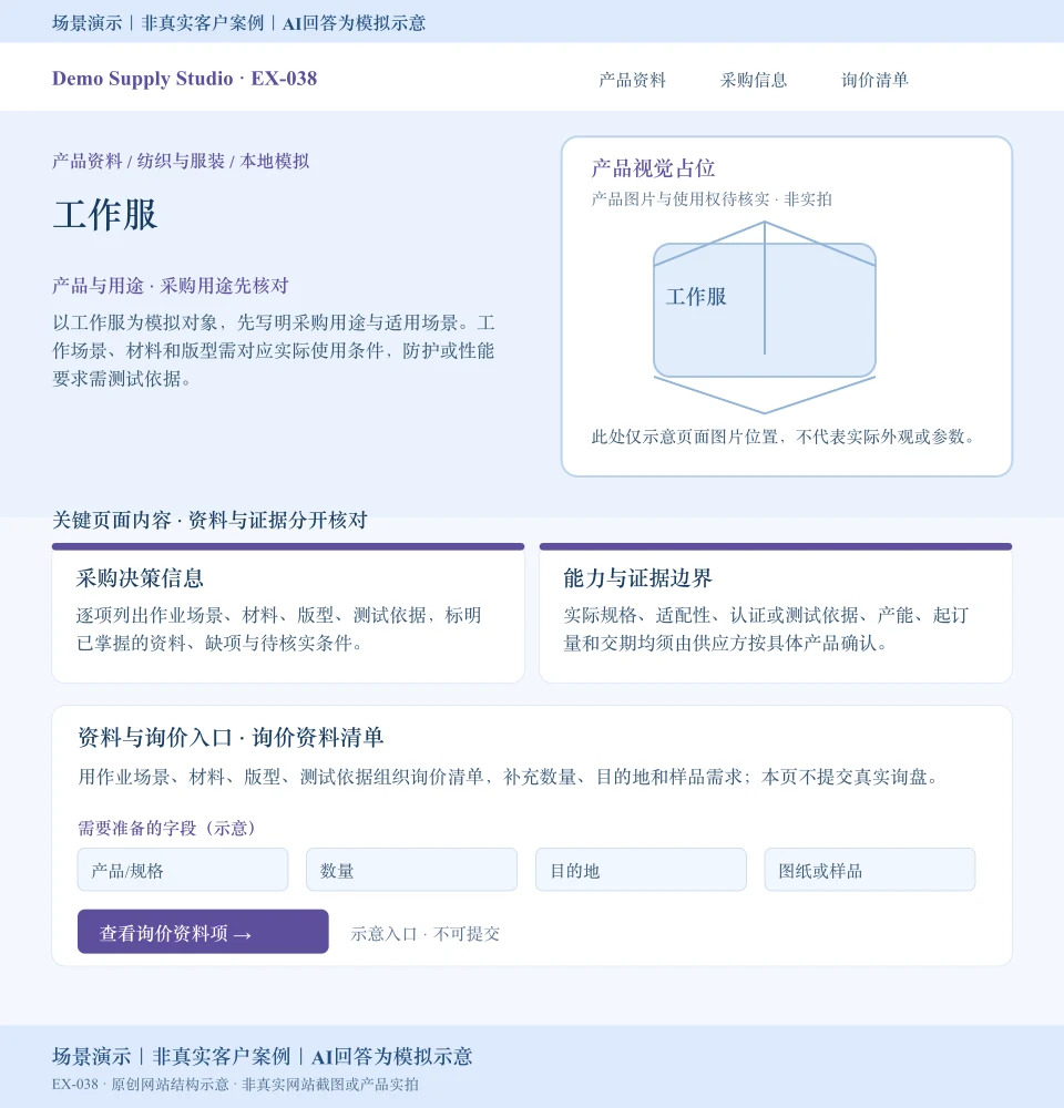 工作服模拟网站页面:产品视觉占位,展示作业场景、材料等采购资料和数量、目的地、图纸或样品询价字段;入口不可提交。场景演示|非真实客户案例|AI回答为模拟示意