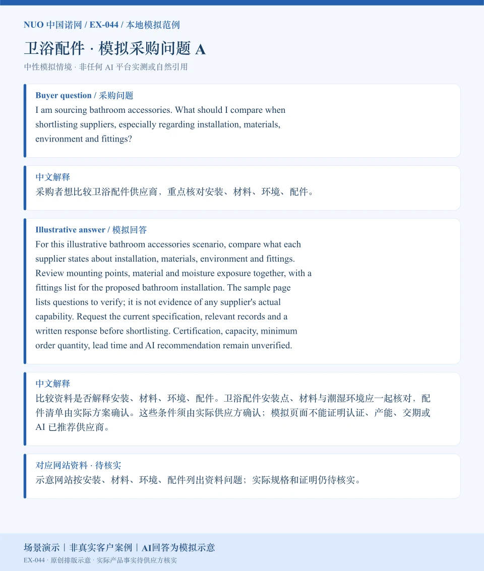 卫浴配件采购比较模拟回答图:围绕安装、材料、环境、配件展示英文问答与中文解释。场景演示|非真实客户案例|AI回答为模拟示意