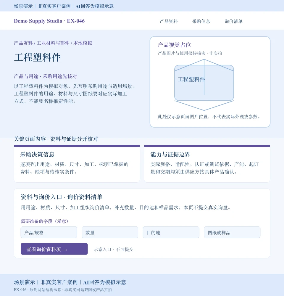 工程塑料件模拟网站页面:产品视觉占位,展示用途、材质等采购资料和数量、目的地、图纸或样品询价字段;入口不可提交。场景演示|非真实客户案例|AI回答为模拟示意